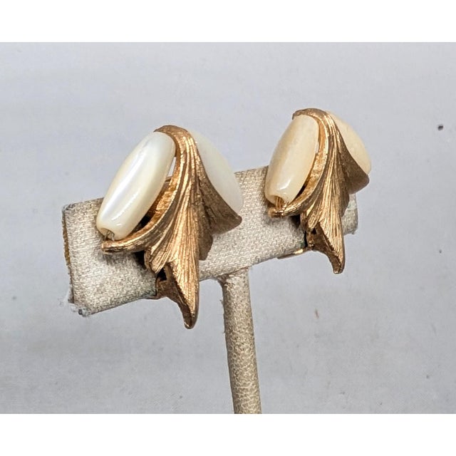 Napier Vintage Signed Napier Goldtone Mother-of-Pearl Clip Earrings-2 Pieces For Sale - Image 4 of 7