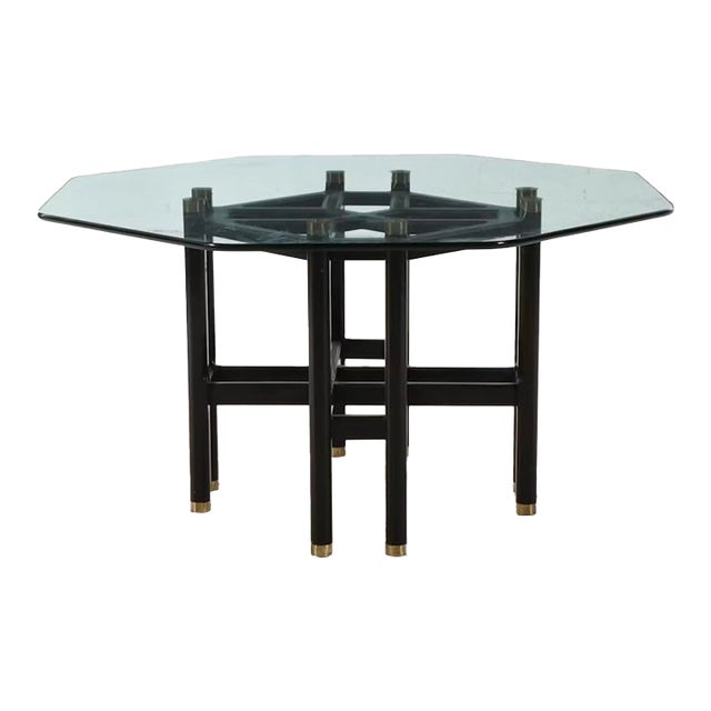 Chinoiserie Glass Top Black Lacquered Dining Table, Late 20th Century For Sale