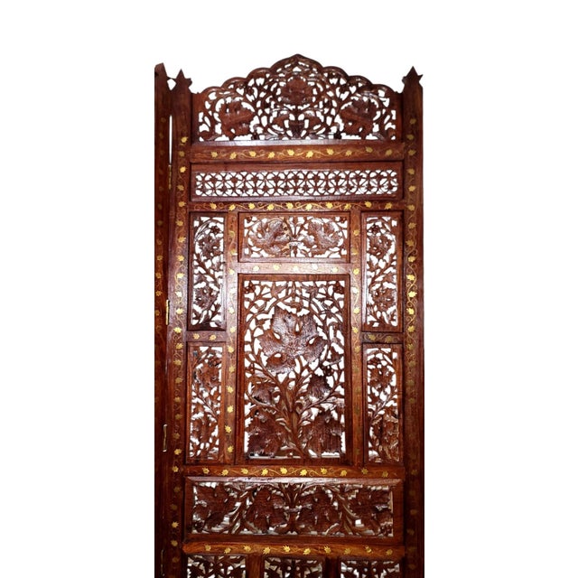 Moroccan Vintage Four-Panel With Brass Inlay Teak Wood Screen Room Divider For Sale - Image 3 of 8