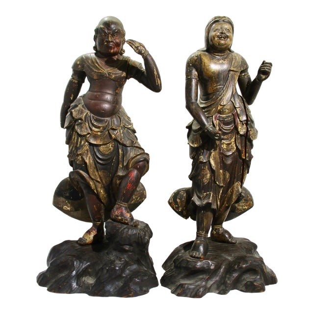 17th Century Japanese Dharma Guardian Figurines - A Pair of 2 For Sale