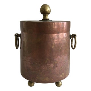 1920s Hammered Copper Ice Bucket With Brass Feet, Handles, and Knob For Sale
