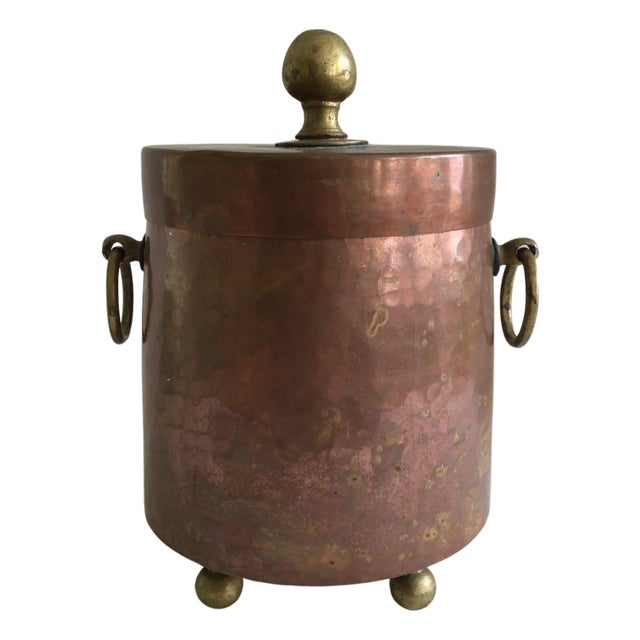 1920s Hammered Copper Ice Bucket With Brass Feet, Handles, and Knob For Sale