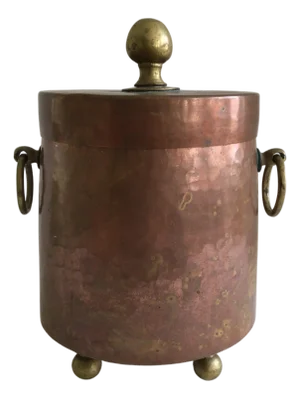 1920s Hammered Copper Ice Bucket With Brass Feet, Handles, and Knob