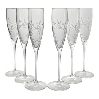 1990s Lenox “Opal Innocence” Crystal Fluted Champagne Glasses- Set of 6 For Sale