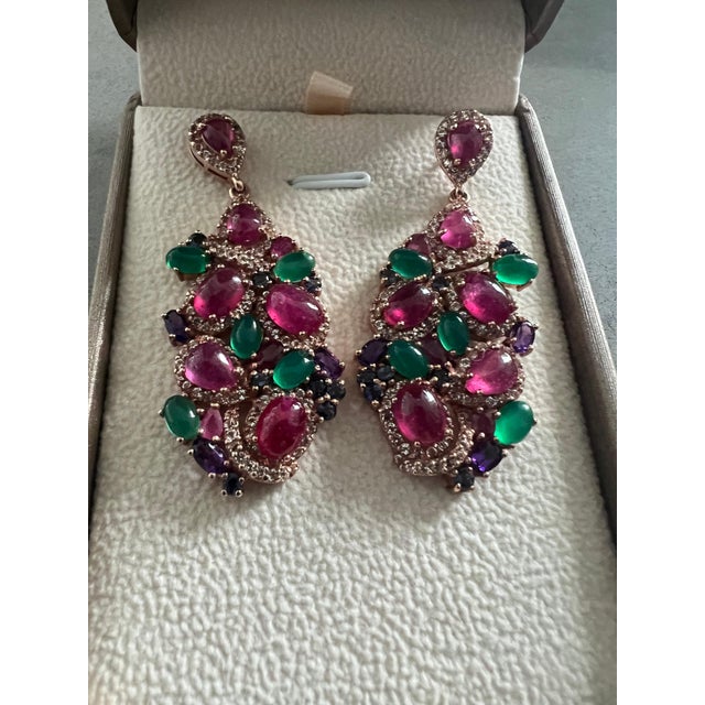 Bochic “Orient” Ruby, Green Agate & Amethyst Earrings Set In 18K Gold & Silver Natural Red Rubies 13 carats Natural...