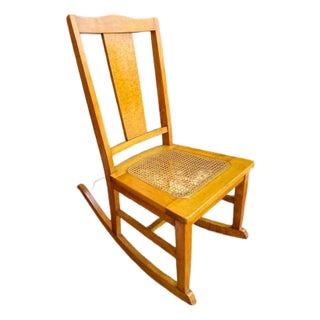Vintage Rustic Country Colonial Oak Wood Cane Rocking Chair For Sale
