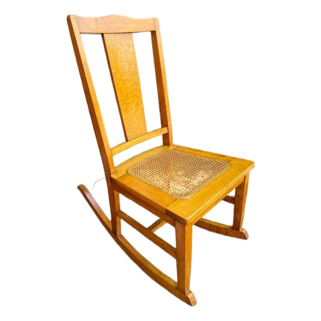 Vintage Rustic Country Colonial Oak Wood Cane Rocking Chair For Sale