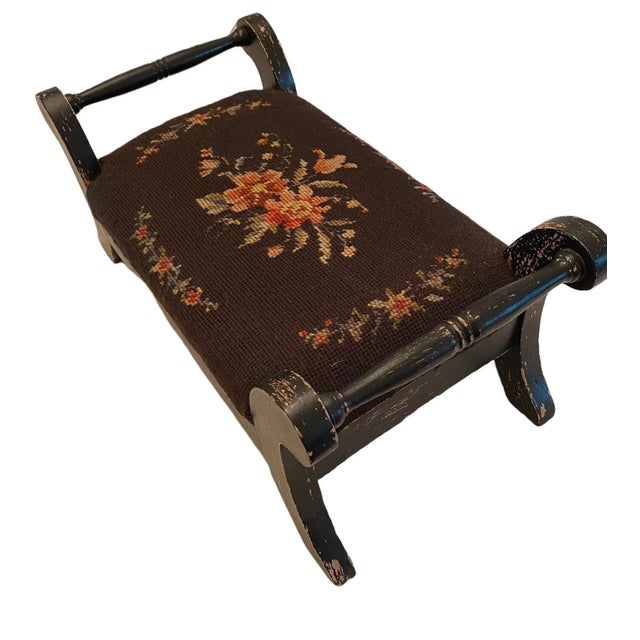 Vintage French Country Two Handle Floral Needlepoint Cricket Foot Stool For Sale - Image 4 of 13