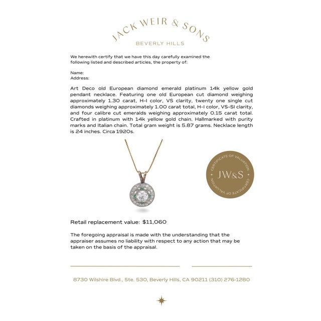 Metal 1920s Art Deco Old European Diamond Emerald Platinum 14k Yellow Gold Pendant Necklace For Sale - Image 7 of 7