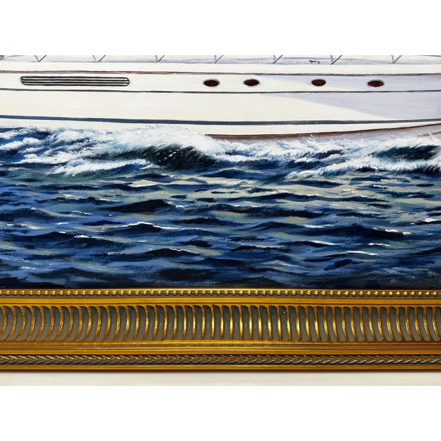 Navy Blue British Nautical Oil Painting Windermere Lake District Ascendancy — Fairline Squadron 50 Yacht Under Cumbrian Skies Signed Edward Hersey Gilt Framed For Sale - Image 8 of 18