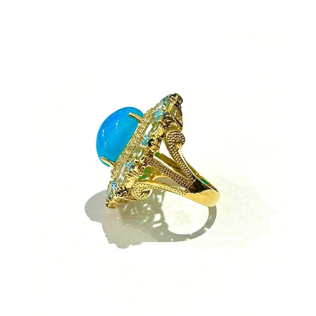 Late 20th Century Bochic “Capri” Vintage Blue Opal, AquaMarine & White Topaz Ring - 18K Gold & Sil For Sale - Image 5 of 8