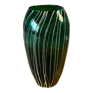 Emerald Art Glass Vase With Yellow Lines