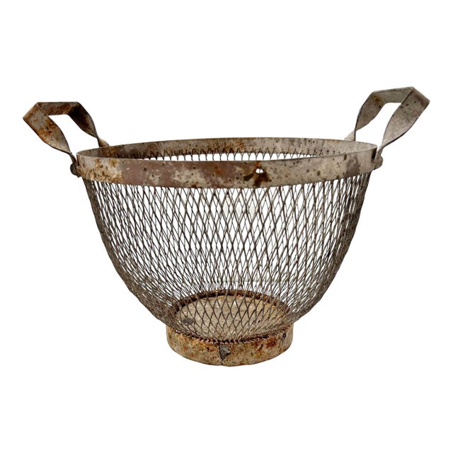 Vintage Metal Wire Gathering Basket For Sale