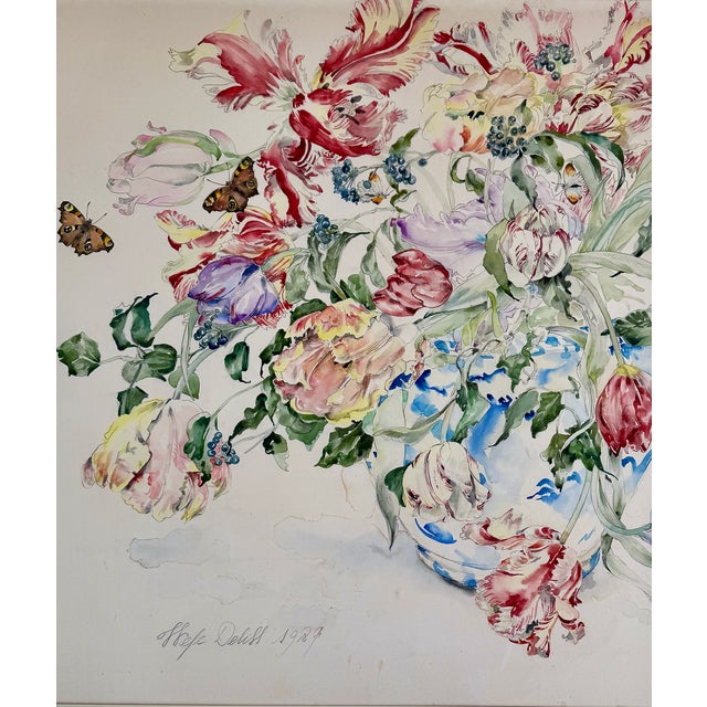 Wood Large Floral Still Life Watercolor Painting With Butterflies, 1989, Modern Frame For Sale - Image 7 of 18