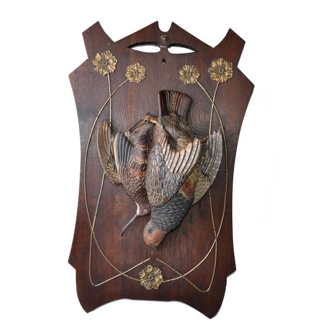 Figurative Two Antique Black Forest Terracotta Pheasant Birds Wall Plaque Fine Art Oak Wood For Sale - Image 3 of 13