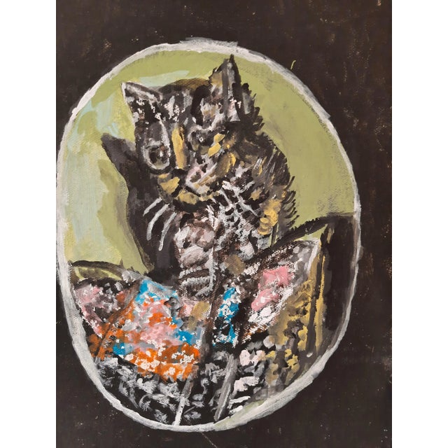 Boho Chic Vintage Kitty Cat Painting Kitten on Quilt For Sale - Image 3 of 5