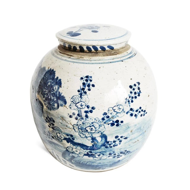 Traditional vintage blue & white painted urn. Beautiful hand painted cobalt blue blossom and tree imagery, and Chinese...
