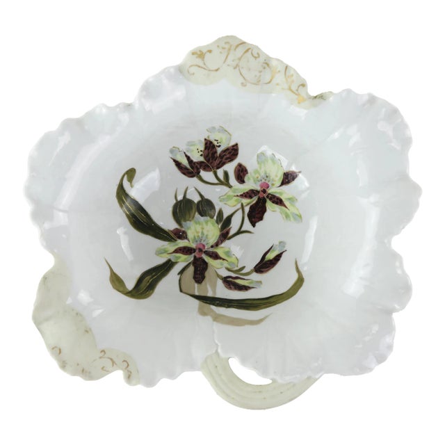 Victorian Hand-Painted Porcelain Dish With Orchid Floral Design For Sale