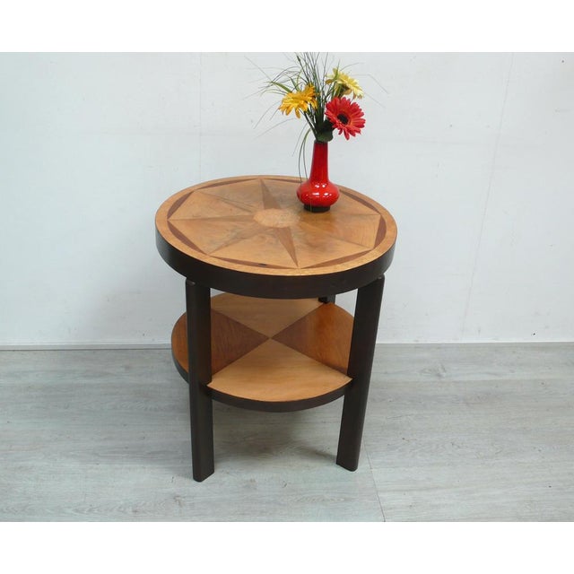 Old side table with shelf in light solid wood with beautiful veneer inlays, handcrafted from various woods, including...