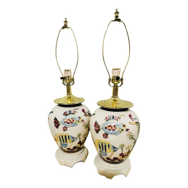 Vintage Hand Painted Coastal Fish Lamps - A Pair For Sale