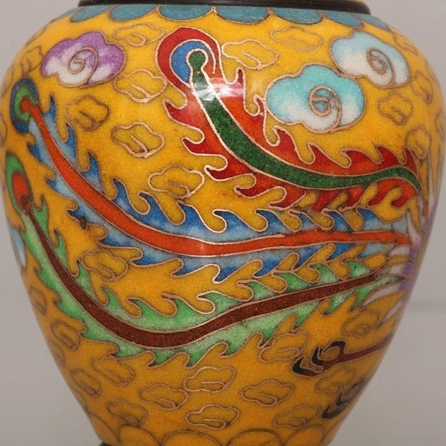 Metal Pair of Vintage Cloisonne Enamel Vases – 6.1" Yellow Ground Dragon & Phoenix Vases For Sale - Image 7 of 9