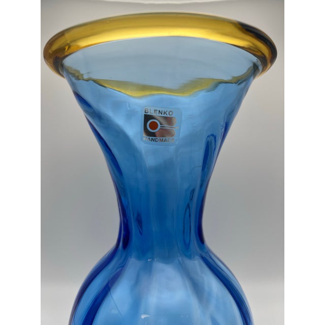Royal Blue Vintage Blenko Hand-Blown Cobalt Blue Art Glass Vase With Amber Rim, Mid-Century Modern For Sale - Image 8 of 10