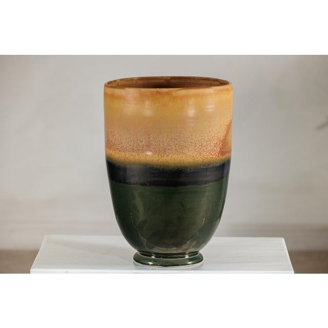 Ceramic Late 20th Century Large Ochre and Green Glazed Ceramic Planter with Tiered Earth-Tone Finish For Sale - Image 7 of 18