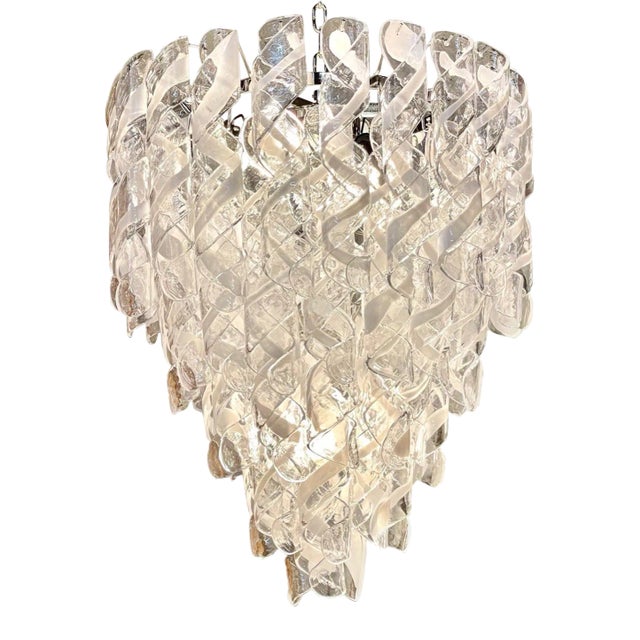 Modern Spiraled Clear & White Murano Glass Chandeliers For Sale