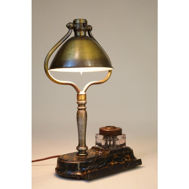 Arts & Crafts 1910s Rare Arts Crafts Bradley Hubbard Brass Tilt Shade Pen Inkwell Cast Iron Student Table Lamp For Sale - Image 3 of 13