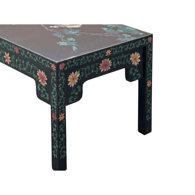 Wood 1970s Chinese Black Lacquer Flower Birds Graphic Rectangular Low Coffee Table For Sale - Image 7 of 13