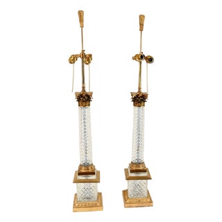 French Gilt and Cut Glass Corinthian Column Table Lamps, Set of 2 For Sale