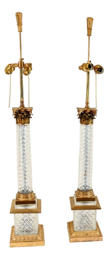 French Gilt and Cut Glass Corinthian Column Table Lamps, Set of 2