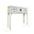 This is a simple distressed off-white lacquer console side table with a straight-leg design. Drawers are decorated with an...
