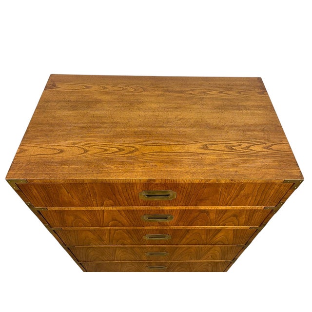 Vintage Campaign Style Five Drawer Dresser by Dixie With Brass-Toned Hardware and Dovetailed Drawers For Sale - Image 9 of 11