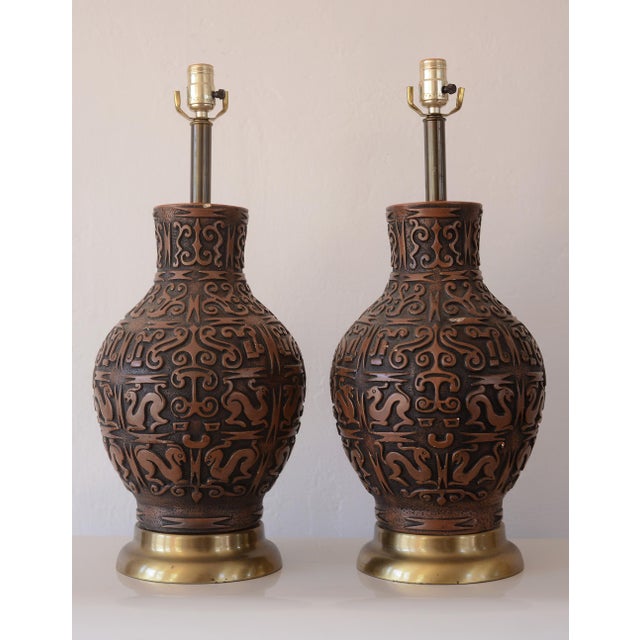 Mid-Century Modern Mid Century Hollywood Regency Ceramic Sgraffito Primitive Art Lamps - A Pair For Sale - Image 3 of 13