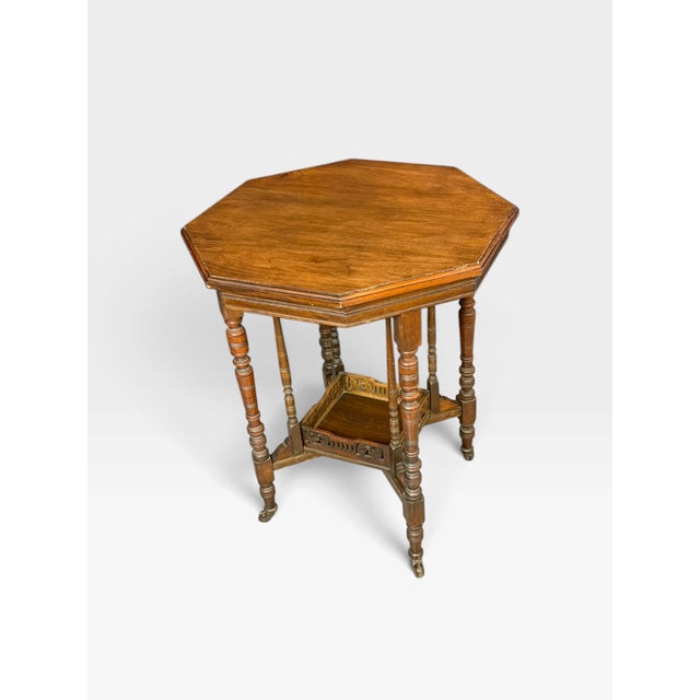 Brown Antique Victorian Octagonal Occasional Table on Casters, 1890s For Sale - Image 8 of 9