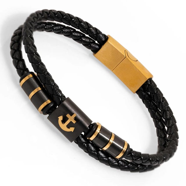 Contemporary Gold Anchor Design Black Leather Men's Style Bracelet For Sale - Image 3 of 6