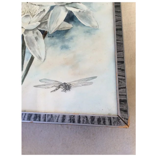Early 20th Century Original Watercolor Painting, Lily Flowers, Dragonflies, Signed w.a.s. For Sale - Image 4 of 5