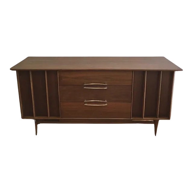 Walnut Credenza With Inverted Boomerang-Style Top and Original Chrome Pulls For Sale