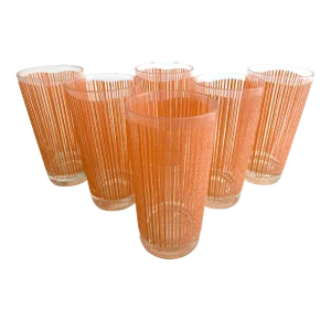 Vintage Mid Century Modern Georges Briard Pink Coral Frosted Texture Stripe Highball Tumbler Glasses - Set of 6