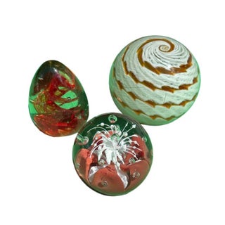 1970s Collection of Orange and Red Glass Paperweights- Set of 3 For Sale