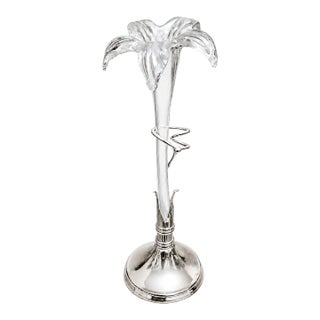 Vintage Hand Blown Art Glass Lily Vase With Silver Plated Stand | 15" Sculptural Floral Bud Vase | Elegant Home Decor For Sale