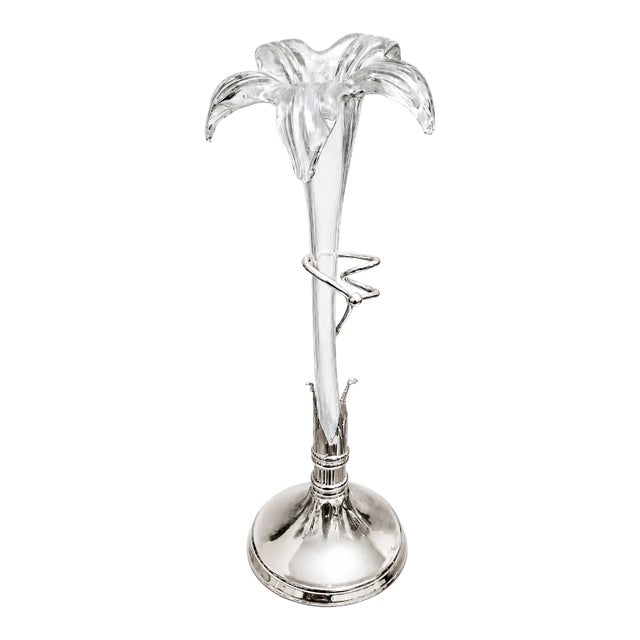 Vintage Hand Blown Art Glass Lily Vase With Silver Plated Stand | 15" Sculptural Floral Bud Vase | Elegant Home Decor For Sale