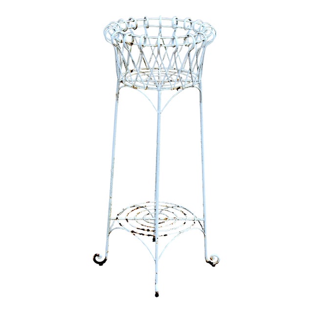 Vintage French Country Wrought Iron Wire Jardinière Plant Stand For Sale
