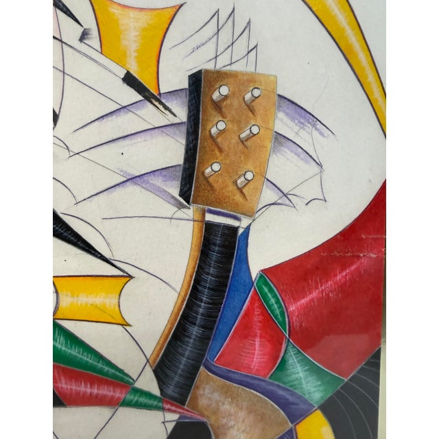1990s Original Juan Quevedo Pop Cubism Geometric Guitarist Music Mixed Media Painting For Sale - Image 5 of 18