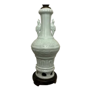 Antique Early 20th Century Chinese Celadon Porcelain Qinghai Bird Handle Vase Mounted as a Table Lamp