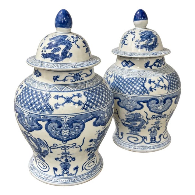 Mid-Century Chinese Export Blue and White Ceramic Pottery Ginger Jars - Pair For Sale