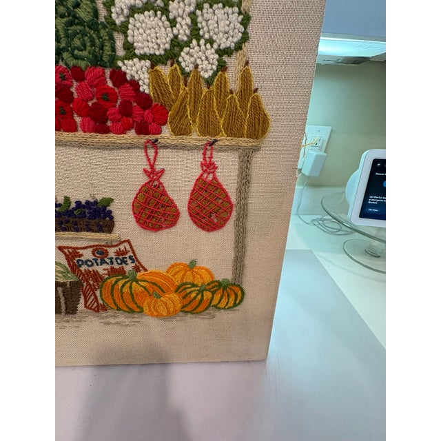 Vintage Nancy Meyers Style Crewel Embroidered Farmers Garden Market Still Life Wall Art For Sale - Image 9 of 14