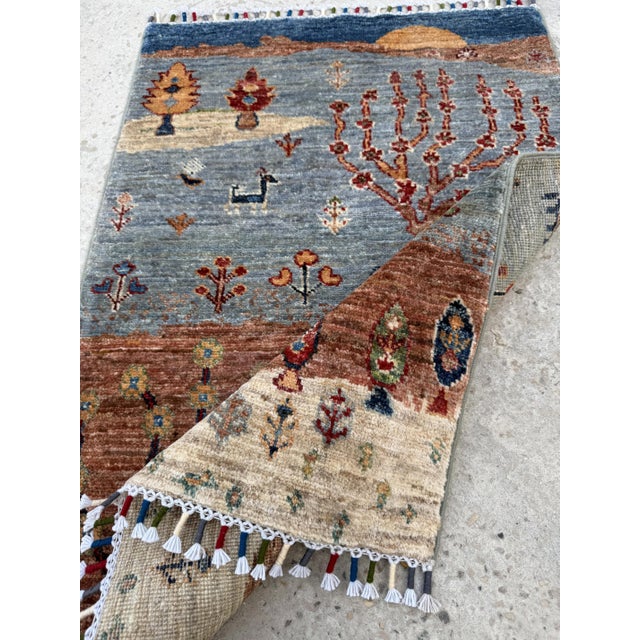 Gabbeh Sunset Landscape Rug, Hand-Knotted Wool, 2x3, Blue & Rust For Sale - Image 9 of 12
