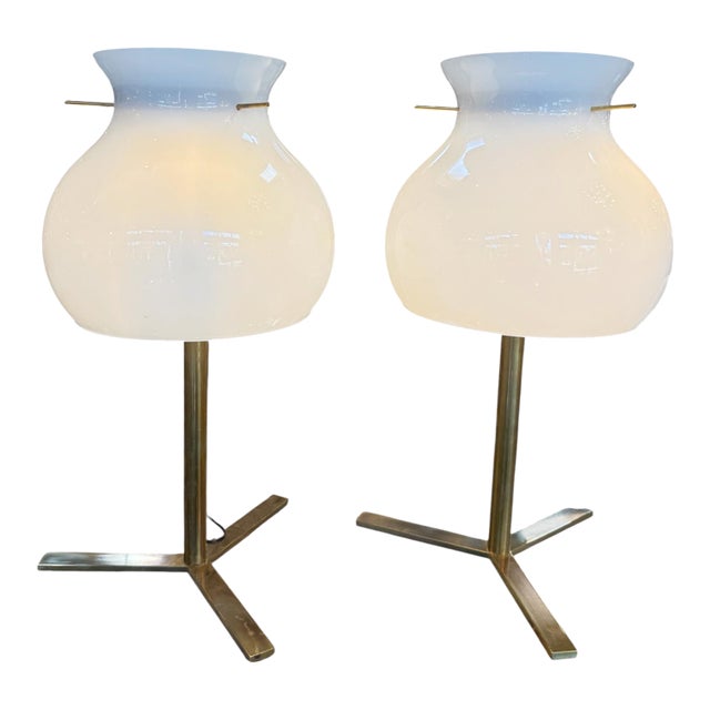 1950s Italian Murano Glass Table Lamps With Brass Base - a Pair For Sale